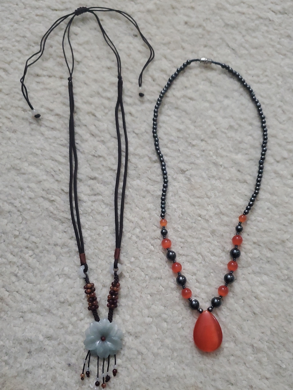 VINTAGE Necklaces, Black/Orange Gunmetal w Tear drop,Jade Handmade Flower/string